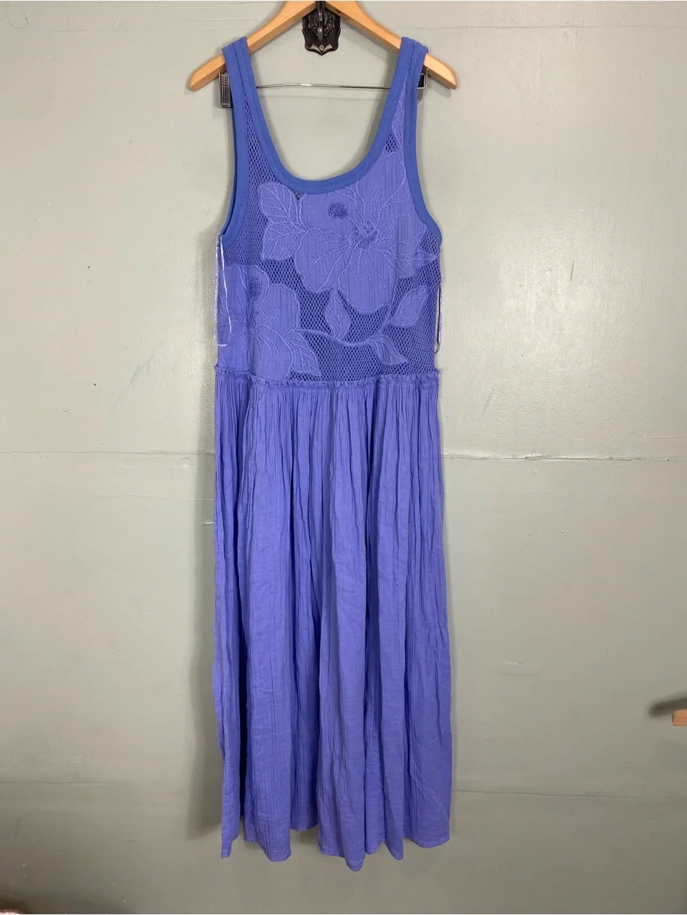 Free People Floral Pearl Maxi Dress Sundress Gauze Cotton Large Blue - Picture 3 of 7